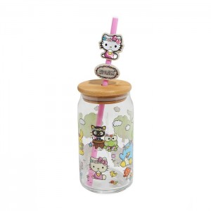 Hello Kitty Hello Kitty and Friends Flower Crowns Bamboo Lidded Glass Tumbler Multicolor | CL_HK98817