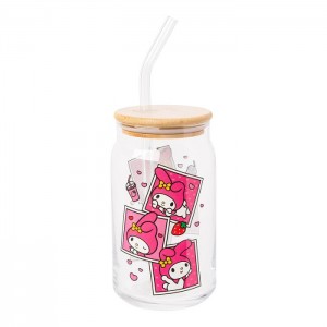 Hello Kitty My Melody Snacks Bamboo Lidded Glass Tumbler Rosas | CL_HK94664