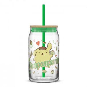 Hello Kitty Pompompurin Favorite Flavor Lidded Glass Tumbler Verde | CL_HK35534