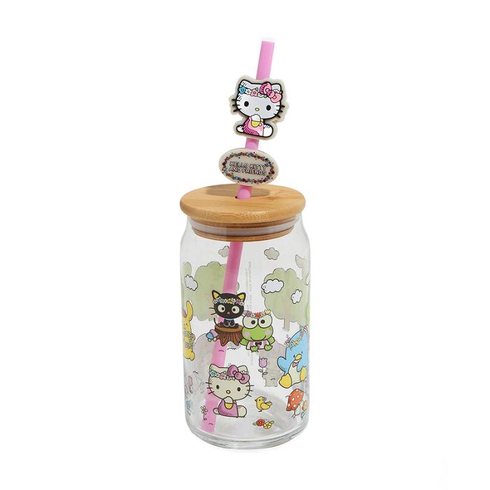 Hello Kitty Hello Kitty and Friends Flower Crowns Bamboo Lidded Glass Tumbler Multicolor | CL_HK98817