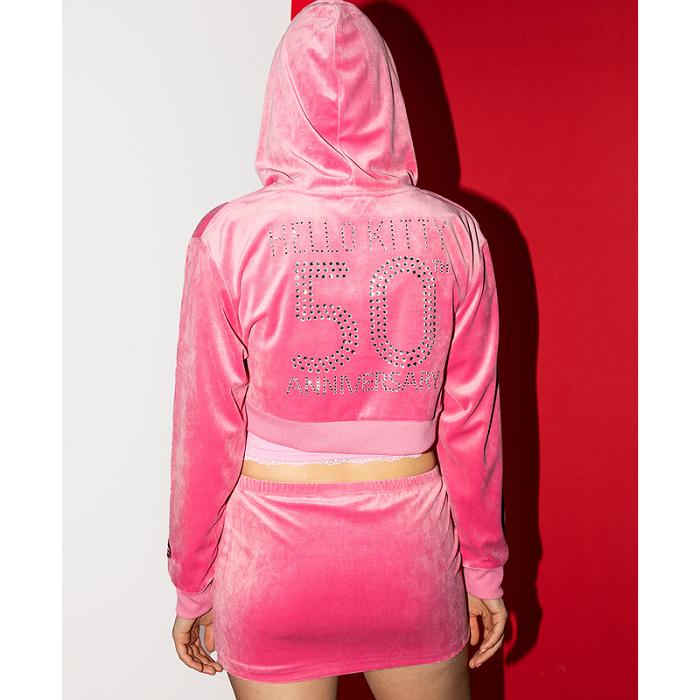 Hello Kitty Hello Kitty x Dumbgood Pink Velour Cropped Hoodie (50th Anniv.) Rosas | CL_HK16006