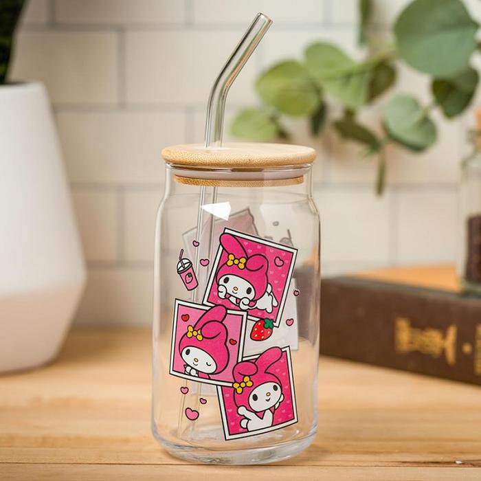 Hello Kitty My Melody Snacks Bamboo Lidded Glass Tumbler Rosas | CL_HK24797