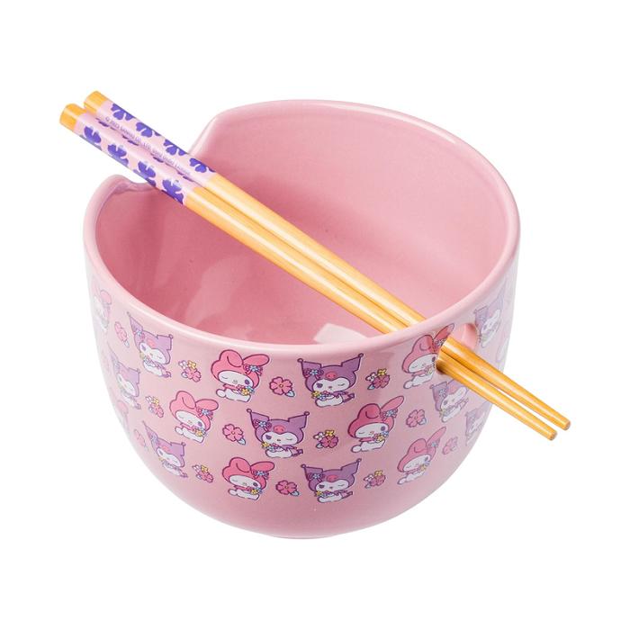 Hello Kitty My Melody & Kuromi Ceramic Ramen Bowl and Chopstick Set (Pastel Flowers) Rosas | CL_HK74414