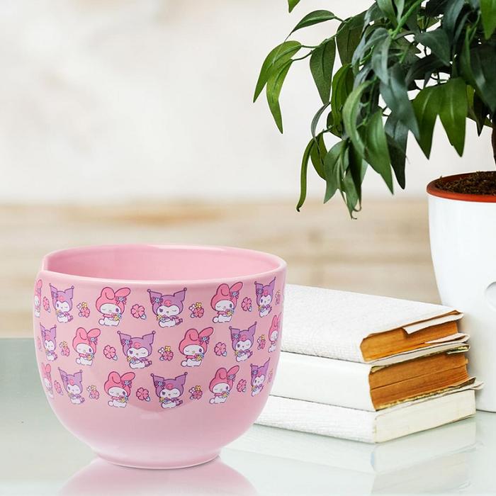 Hello Kitty My Melody & Kuromi Ceramic Ramen Bowl and Chopstick Set (Pastel Flowers) Rosas | CL_HK74414