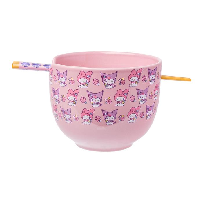 Hello Kitty My Melody & Kuromi Ceramic Ramen Bowl and Chopstick Set (Pastel Flowers) Rosas | CL_HK74414