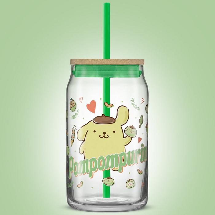 Hello Kitty Pompompurin Favorite Flavor Lidded Glass Tumbler Verde | CL_HK35534