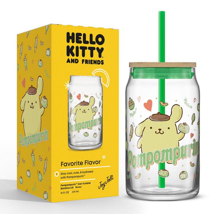 Hello Kitty Pompompurin Favorite Flavor Lidded Glass Tumbler Verde | CL_HK35534