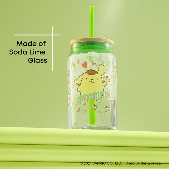 Hello Kitty Pompompurin Favorite Flavor Lidded Glass Tumbler Verde | CL_HK35534