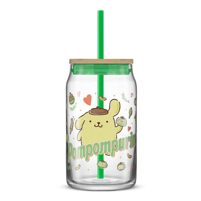 Hello Kitty Pompompurin Favorite Flavor Lidded Glass Tumbler Verde | CL_HK91786